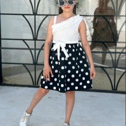 Детска лятна рокля в бяло и черно на бели точки  Лейди