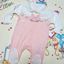 Бебешки елегантен гащеризон в бяло и розово с якичка Бебешки елегантен гащеризон в бяло и розово с якичка