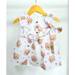 Детска лятна рокля в бяло и розово с мечета с панделка за коса