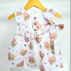 Детска лятна рокля в бяло и розово с мечета с панделка за коса