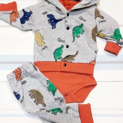Бебешки комплект 3части в сиво и оранжево Динозаври Бебешки комплект 3части в сиво и оранжево Динозаври