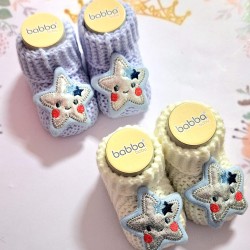 Бебешки плетени терлички в бяло или синьо  Звездички' 0-6м