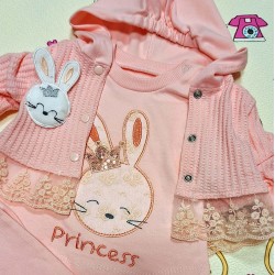 Бебешки комплект в розово с дантела от 3части  Зайче