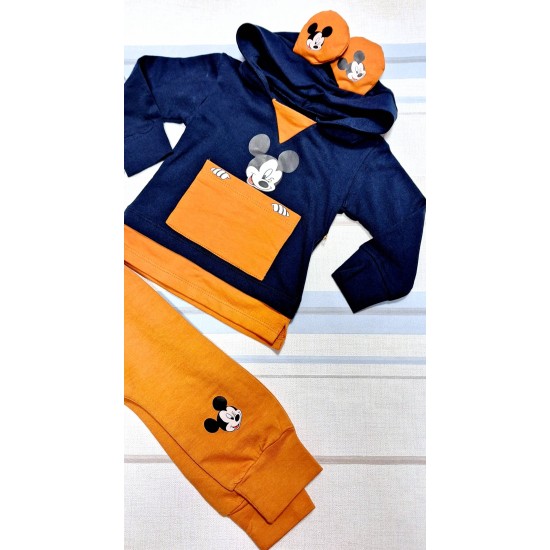 Бебешки комплект в тъмосиньо и оранжево с качулка  Мики Маус
