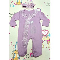 Луксозен бебешки гащеризон в лилаво с дантела и лента за коса ,,Лебед