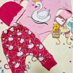 Бебешки комплект 3части в розово и циклама Лебеди Бебешки комплект 3части в розово и циклама Лебеди