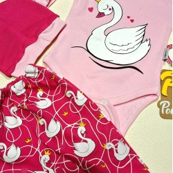 Бебешки комплект 3части в розово и циклама  Лебеди