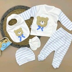 Бебешки комплект 5части в бяло и синьо Мече 0-3м Бебешки комплект 5части в бяло и синьо Мече 0-3м