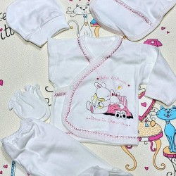 Бебешки комплект 5части в кутия в бяло и розово Зайчета 0-3м Бебешки комплект 5части в кутия в бяло и розово Зайчета 0-3м