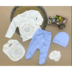 Луксозен бебешки комплект 5части в бяло и синьо Корона Луксозен бебешки комплект 5части в бяло и синьо Корона