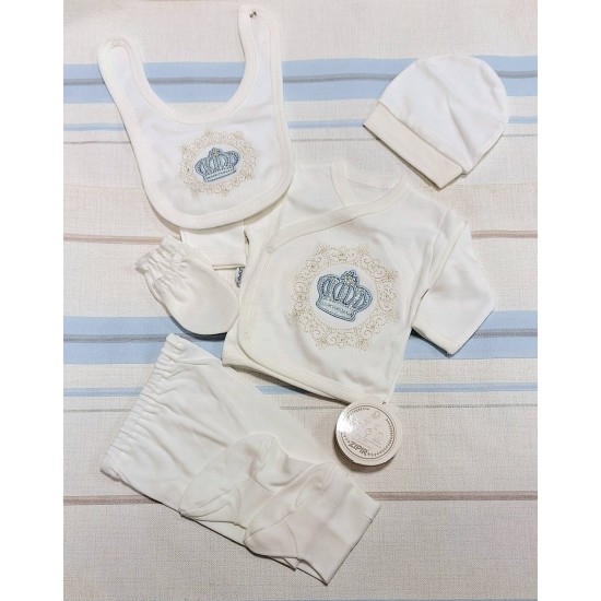 Луксозен бебешки комплект 5части в бяло и синьо ,,Корона Луксозен бебешки комплект 5части в бяло и синьо ,,Корона