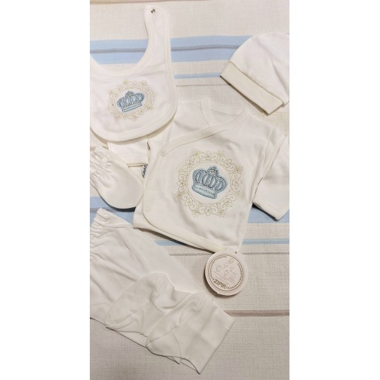 Луксозен бебешки комплект 5части в бяло и синьо ,,Корона Луксозен бебешки комплект 5части в бяло и синьо ,,Корона