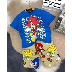 Детски летен комплект в синьо и бежово ,,Соник и приятели