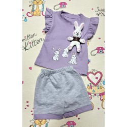 Детски летен комплект в лилаво с играчка зайче