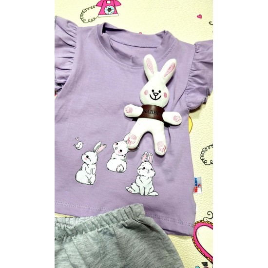 Детски летен комплект в лилаво с играчка зайче