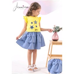 Детски летен комплект с пола и блуза в жълто и синьо ,,Звездички