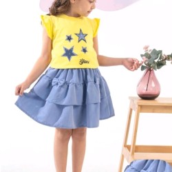 Детски летен комплект с пола и блуза в жълто и синьо ,,Звездички Детски летен комплект с пола и блуза в жълто и синьо ,,Звездички