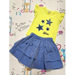 Детски летен комплект с пола и блуза в жълто и синьо  Звездички