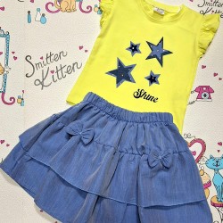 Детски летен комплект с пола и блуза в жълто и синьо  Звездички