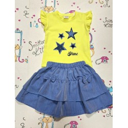 Детски летен комплект с пола и блуза в жълто и синьо ,,Звездички Детски летен комплект с пола и блуза в жълто и синьо ,,Звездички