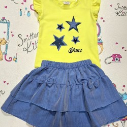 Детски летен комплект с пола и блуза в жълто и синьо ,,Звездички