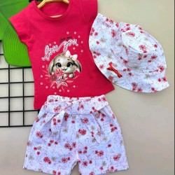 Детски летен комплект с шапка в червено и бяло ,,Зайченце