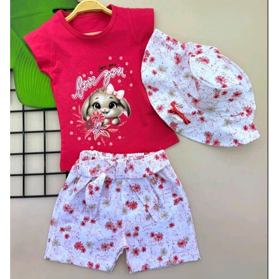 Детски летен комплект с шапка в червено и бяло ,,Зайченце