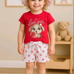 Детски летен комплект с шапка в червено и бяло ,,Зайченце Детски летен комплект с шапка в червено и бяло ,,Зайченце