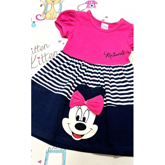 Детска лятна рокля в цикламено и черно райе с Мини Маус