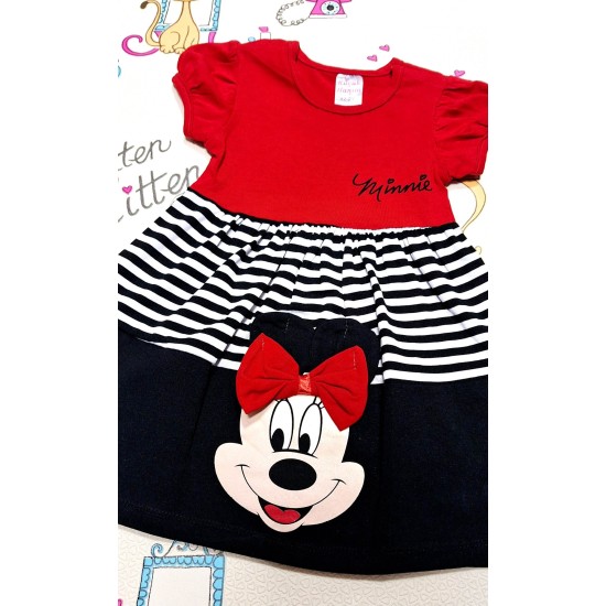 Детска лятна рокля в червено и черно райе с Мини Маус