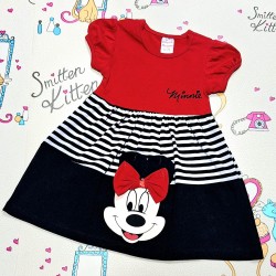 Детска лятна рокля в червено и черно райе с Мини Маус