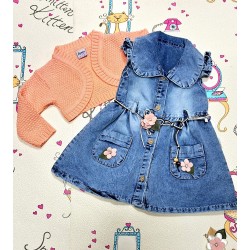 Детска дънкова рокля с оранжево болеро