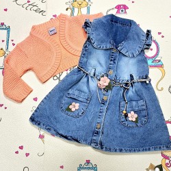 Детска дънкова рокля с оранжево болеро Детска дънкова рокля с оранжево болеро