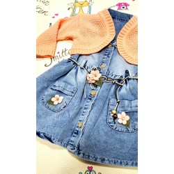 Детска дънкова рокля с оранжево болеро Детска дънкова рокля с оранжево болеро