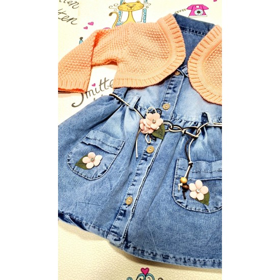 Детска дънкова рокля с оранжево болеро