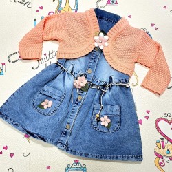 Детска дънкова рокля с оранжево болеро