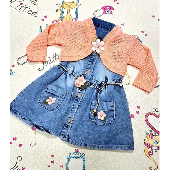 Детска дънкова рокля с оранжево болеро