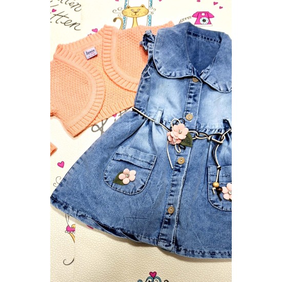 Детска дънкова рокля с оранжево болеро