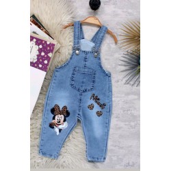 Детски дънков гащеризон с Мини Маус с леопардови сърчица Детски дънков гащеризон с Мини Маус с леопардови сърчица