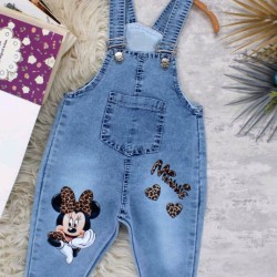 Детски дънков гащеризон с Мини Маус с леопардови сърчица Детски дънков гащеризон с Мини Маус с леопардови сърчица