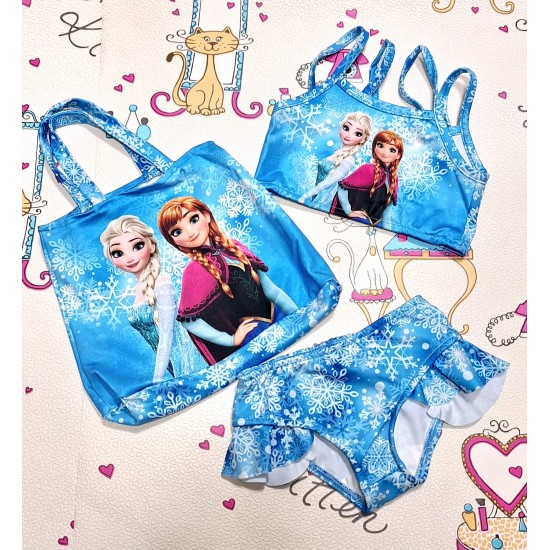 Детски бански 2 части в синьо с чанта  Елза и Ана
