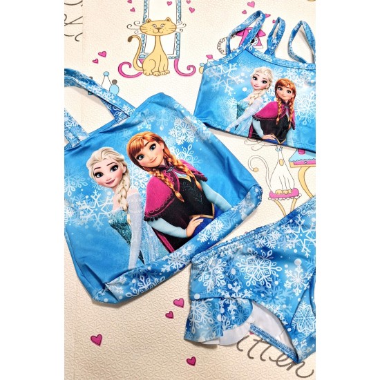 Детски бански 2 части в синьо с чанта  Елза и Ана