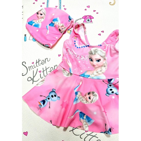 Детски цял бански в розово с шапка ,,Елза и Олаф