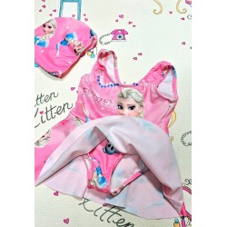 Детски цял бански в розово с шапка Елза и Олаф Детски цял бански в розово с шапка Елза и Олаф