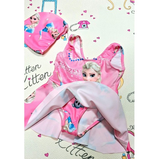 Детски цял бански в розово с шапка ,,Елза и Олаф