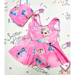 Детски цял бански в розово с шапка  Елза и Олаф