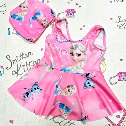 Детски цял бански в розово с шапка Елза и Олаф Детски цял бански в розово с шапка Елза и Олаф