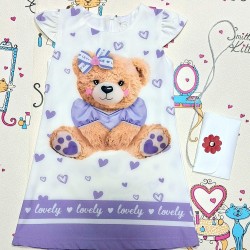 Детска лятна рокля в лилаво с мече и чантичка