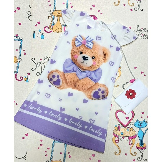 Детска лятна рокля в лилаво с мече и чантичка