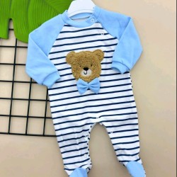Бебешки гащеризон в бяло и синьо райе Мечо с папионка Бебешки гащеризон в бяло и синьо райе Мечо с папионка